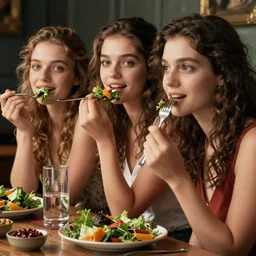 stock art of women enjoying salad with various expressions.