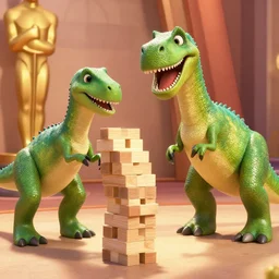 Two dinosaurs playing Jenga at the Oscars ceremony, pixar movie