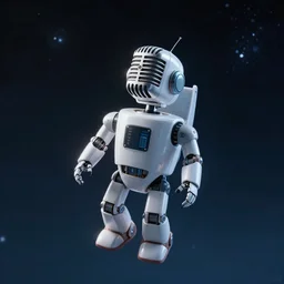 a robot with a vintage microphone for a head floats in serene space where there is no sound