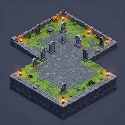 graveyard halloween isometric 2. 5 d game level, myvmk, with detailed stone, simple layout, lanterns, disney, toon shader, arnold maya render, artstation by miha rinne