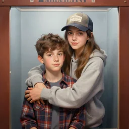 a girl in hoodie and baseball cap wrapping arms around a brown haired boy in plaid shirt in a photobooth, artstation portrait painting, ultra detailed realistic rendered