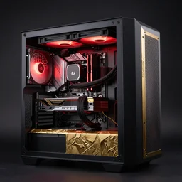 product shot of an insanely complex custom tubing watercooling pc, dysfunctional computing. custom built computer with dark case gold linens and red leds. futuristic design.