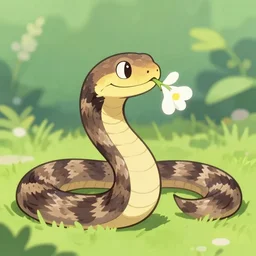 expressive checkered garter snake smelling a flower in the style of anime, cute