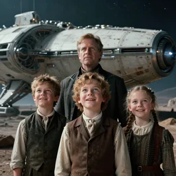 sharp, highly detailed, film from a blockbuster sci fi 8 k color movie, set in 1 8 6 0, family standing in front of a crashed spaceship, on a alien planet, looking happy, wearing 1 8 5 0 s era clothes, atmospheric lighting, in focus, reflective eyes, 3 5 mm macro lens, live action, nice composition, good photography, facial details
