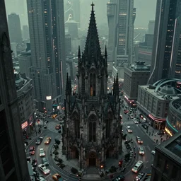 gothic building rising from the ground into a futuristic city chaos in the streets, cinestill 8 0 0 t, movie still, film grain