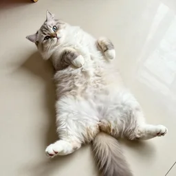 a fluffy adorable cat laying on it's back with belly showing