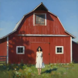 a young woman in!! the shadow! of a red barn!. black hair, white! dress, sharp focus, wide angle, digital art by eddie mendoza, andrei riabovitchev, craig mullins, mate painting, dreamlike