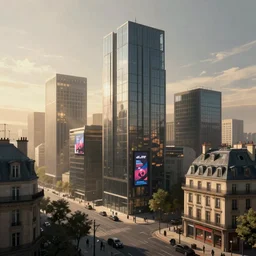 modern city, Parisian buildings, billboards, advertisements, small buildings, dark, matte painting, concept art, digital painting, style of Ian Hubert, warm lighting, futuristic, volumetric lighting, street view, daytime, godrays , high detail, no sky scrapers