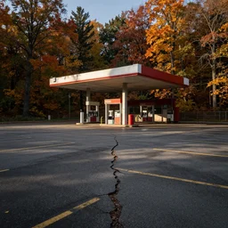 “panorama of an abandoned gas station parking lot autumn forest realistic detailed low angle cinematic camera detail cracked pavement wide angle”