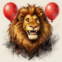 surrealism grunge cartoon portrait sketch of the lion king with a wide smile and a red balloon by - michael karcz, loony toons style, mona lisa style, horror theme, detailed, elegant, intricate