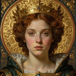 detailed realistic beautiful young medieval queen face portrait by jean delville, tom bagshaw, brooke shaden, gustave dore and marco mazzoni, art nouveau, symbolist, visionary, gothic, pre - raphaelite, ornate gilded medieval icon, surreality