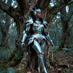 hyperrealistic post-rococo super expressive! black woman with exoskeleton armor, merging with tree in a forest, highly detailed digital art masterpiece smooth cam de leon hannah yata dramatic pearlescent blue teal light ground angle hd 8k sharp focus