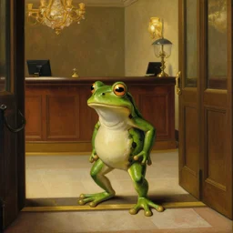 a small frog standing on two feet at the hotel reception entry, renaissance painting