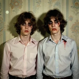 two handsome but creepy young nonbinary people wearing oxford button down shirts in layers of fear, with haunted eyes and wild hair, 1 9 7 0 s, seventies, wallpaper, a little blood, moonlight showing injuries, delicate embellishments, painterly, offset printing technique, by john howe, brom, robert henri, walter popp