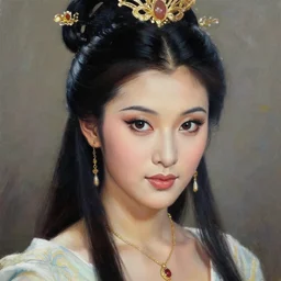 clothed in blouse, tiara, necklace, earrings. close - up face portrait painting of chinese mmorpg princess, by boris vallejo.