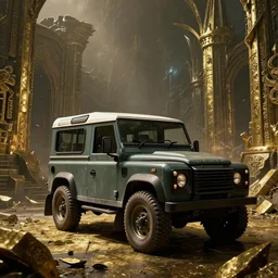 Land Rover Defender 110 (1985), The Elder Scrolls V: Skyrim, Markarth, The Reach, ancient brass dwemer ruins, brass debris, an epic fantasy, dramatic lighting, cinematic, establishing shot, extremely high detail, photorealistic, cinematic lighting, artstation, by simon stalenhag