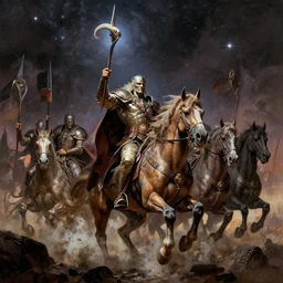 dothraki horde riding into heaven, ultra detailed, frank frazetta style, starry background