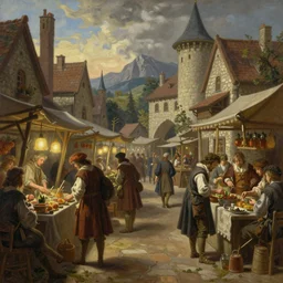 concept art for fable bowerstone market, key lighting, soft lights, by steve hanks, by edgar maxence, by caravaggio, by michael whelan, by delacroix, by serov valentin, by tarkovsky, 8 k render, detailed, oil on canvas