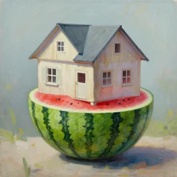 an oil painting of a watermelon carrying a house