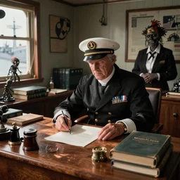 A naval captain, at his desk, lots of books, zombie secretary