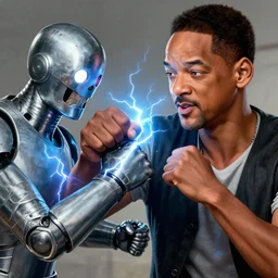 detailed illustration of will smith punching tin man, volumetric lightning, facial accuracy, direct glaze
