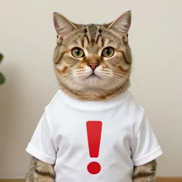anthropomorphic bobcat wearing a white t - shirt with a large red exclamation mark logo