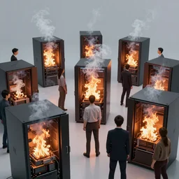 party, diverse groups of humans destroying the insides of supercomputers, fire, smoke, from behind, wide angle, elaborate, highly detailed, beautiful lighting