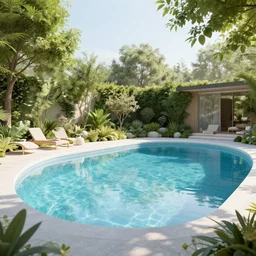 trending on artstation award-winning architectural design of a private garden swimming pool with gentle slope concept art hyperrealistic intricately detailed reflections