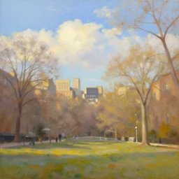 new york hyde park, spring morning, sunshine, warm, blue sky with puffy clouds, a painting by kenton nelson