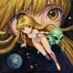 recursive image with a girl and alien traveling through space, large eyes, her long hair flowing, surreal, oil pastels and gold, in the style of katsuhiro otomo, modeled in poser, redshift render, uhd