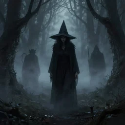 2 d art by yuri hill, ominous atmosphere, fog, witches, forest, night, devils, shadows