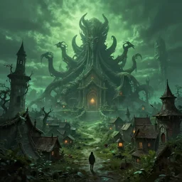 cinematic artwork, small lovecraftian village with a temple of cthulhu, beautiful, dusk, green ambient light, trending on artstation