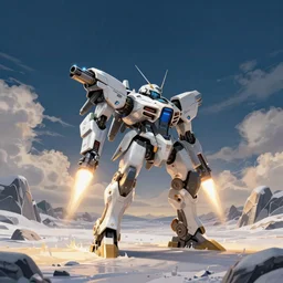 an armored core v by liam wong, booster flares, legs, laser rifles, karst landscape, dark blue sky, cloud, snow field, golden time, twilight ; wide shot, digital painting, photoreal, cinematic contrast, sharp edge, motion blur