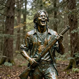 bronze statue of kurt cobain laughing in a forest while holding a shotgun,