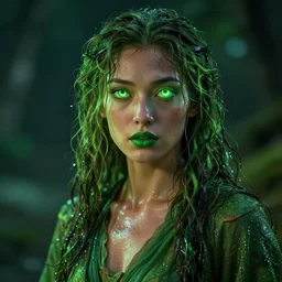 epic portrait cinematic shot an frog goddess, wet green flowing hair, green glowing eyes, green lips, sweaty skin, green robes, fine details. night setting. realistic shaded lighting poster by craig mullism, artgerm, jeremy lipkin and michael garmash, unreal engine, radiant light, detailed and intricate environment, digital art, trending on art station,