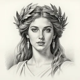 long shot realism pencil drawing of the beautiful greek goddess aphrodite wearing a laurel wreath and arrowhead earrings, beautiful confident eyes, beautiful flowing hair, hyper realistic face, in the style of artgerm, fantasy, amazing detail, epic, elegant, smooth, sharp focus, from the front