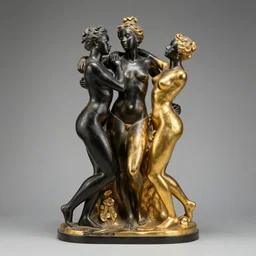 black pearl and gold sculpture of three beautiful sensual curvy black figures embracing each other in ecstasy, climax, museum artifact