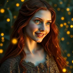 infp young woman, smiling amazed, golden fireflies lights, fully covered with an intricate detailed dress, amidst nature, long red hair, intricate linework, accurate green eyes, small nose with freckles, oval shape face, realistic, expressive emotions, dramatic lights, hyper realistic ultrafine art by artemisia gentileschi, caravaggio, jessica rossier, boris vallejo