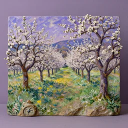 deep purple artificial, cosy by fra angelico, by claude monet. a beautiful sculpture depicting a farm scene. the sculpture shows a view of an orchard with trees in bloom.