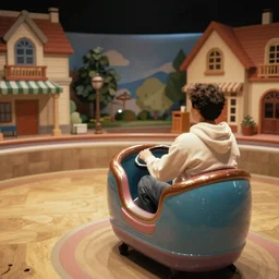 1990s photo of inside the Doug Funny Show ride at Universal Studios in Orlando, Florida, riding a trash can through Doug's town , cinematic, UHD