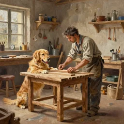 highly detailed oil painting | very intricate | cinematic lighting | award - winning | golden retriever working as a simple carpenter fine craftsman | building a wooden table in their well organized clean workshop | beautiful cinematic light, american romanticism, by huang guangjian, gil elvgren, ruan jia, randy vargas, greg rutkowski, artstation, cgsociety, official art, octane
