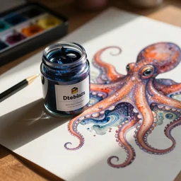 airbrush of sealed jar of swirling ink shimmering on a desk near colorful octupus, dramatic afternoon lighting, intense watercolor, heavy metal, tilt shift, photo realistic, by moebius