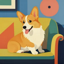a corgi sitting on a coach! style of memphis group, 1 9 8 0 s, bold, kitch, colorful, shapes