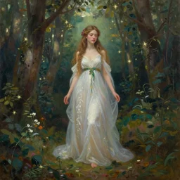 beautiful oil painting full body portrait fey princess standing in forest