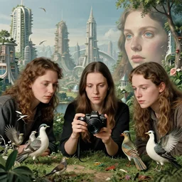 non binary future world, sustainable cities in a harmonious coexistence, lou, noa & plume are studying the birds language, digital camera portrait by maria sibylla merian, derek jarman, barbara hammer 4 k, 8 k, perfect face