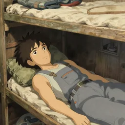 an airship mechanic wearing a tank top and overalls lying in her cramped bunk below deck, finely illustrated face, highly detailed, digital painting, studio ghibli, tankobon, in the style of ilya kuvshinov and krenz cushart and william - adolphe bouguereau and alphonse mucha