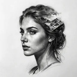 tattoo design sketch of a beautiful woman face with a realistic mountain scenery on the womans side, hyper - realistic, double exposure effect, in the style of matteo pasqualin, amazing detail, black and white, faded