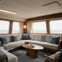 ship cabin interior, breathtaking midcentury interior design, luxurious, muted colors, nautical theme design