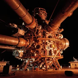 warm colors high contrast dark hyperreal deep space dock mining platform with massive piping inspired by nuclear reactor core space - station submarine