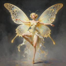 dancing fairy with butterfly wings, intricate, elegant, d & d, powerful, fantasy, art nouveau, digital painting, trending on artstation, sharp focus, wide shot, illustration, global illumination, ray tracing, painting by ruan jia and peter polach